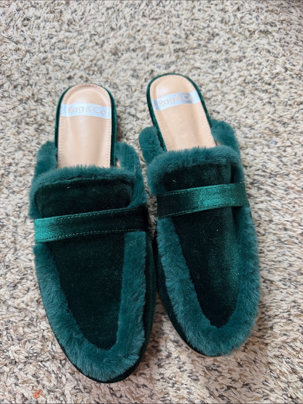 Rag & Co Green Faux Fur Velvet Loafer Mules